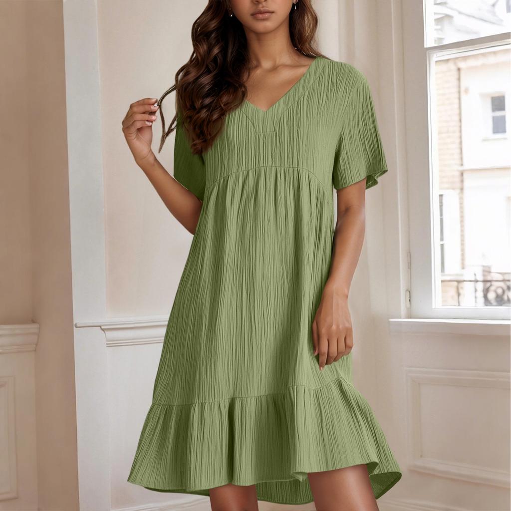 Ladies' Casual And Fashionable Solid Color Dress, Loose Short Sleeved Waist Cinched Dress