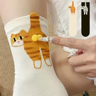 1/2 Pairs 3D Cat Christmas Socks, Cute Mid Calf Novelty Socks for Women, Warm Funny Gift for Halloween Xmas, Cozy Winter Wear
