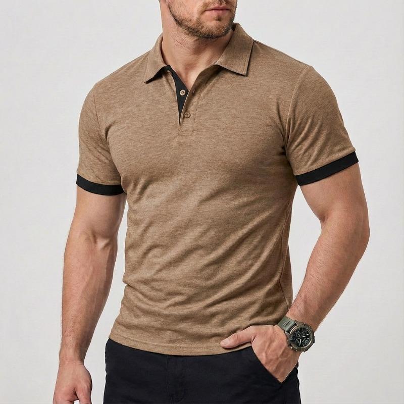 Men Turn Down Collar Short Sleeve Polo Shirt Contrast Cuff Slim Fit Casual Business Daily Tops