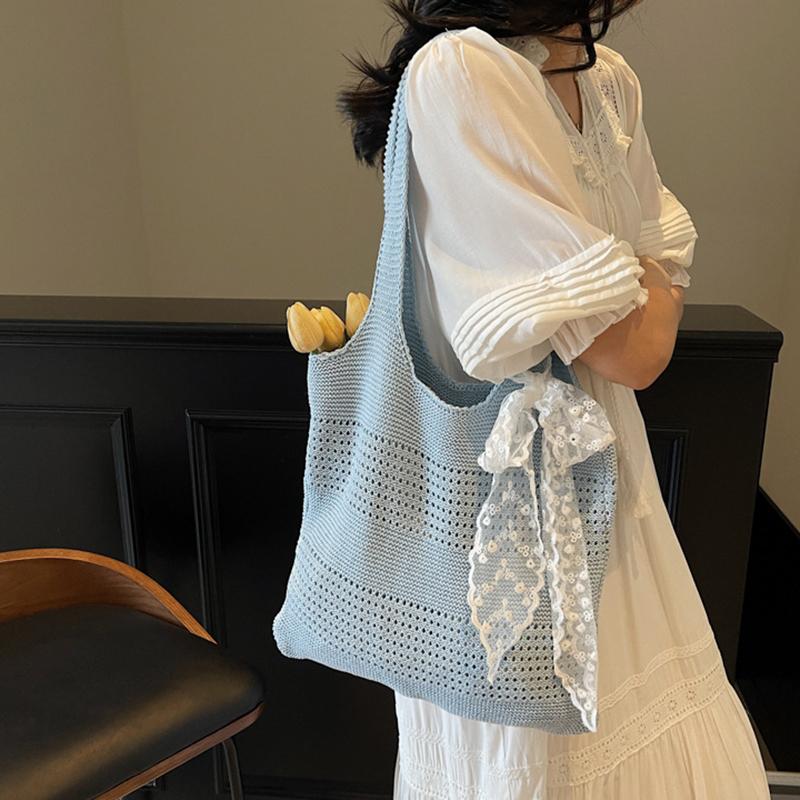 Yogodlns Summer Beach Tote Bag Women New Fashion Hollow Out Weave Shoulder Bags Female Lace Decorate Handbags