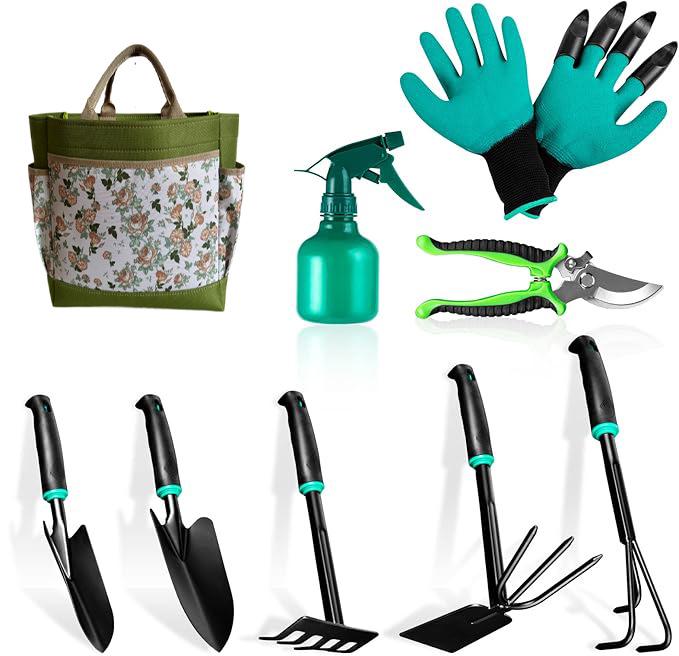 9dílná hliníková sada zahradního nářadí s dvoubarevnými rukojeťmi