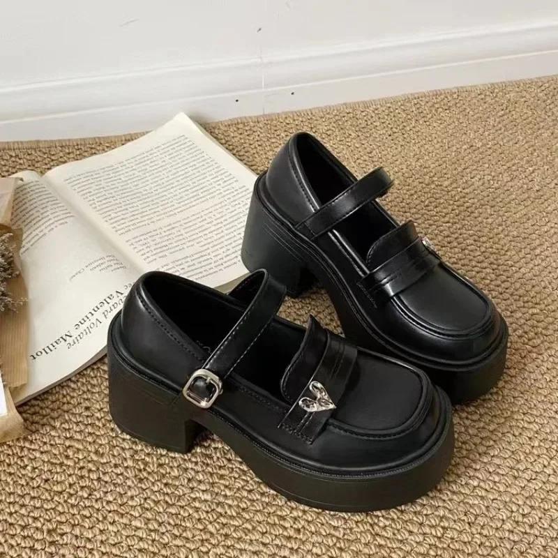 fashion 2024 New Women's Shoes Loafers Women's High Heels Platform Office Pumps Women Heart-Shaped Buckle Strap Square Heel Shoes Female