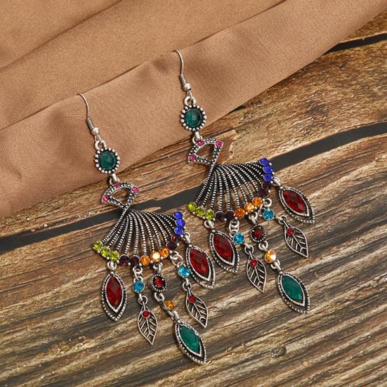 1 Pair Dangle Earrings Bohemian Retro Ethnic Style Long Tassel All-match Decoration Faux Crystal Women Hollow Fan-shaped Drop Earrings