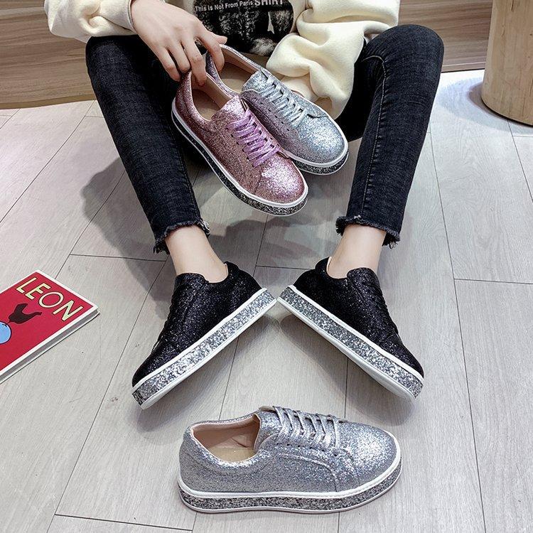 Spring and Autumn Fashion Rhinestone Sequins Large Size Flat Lace-Up Single Shoes Women's Shoes