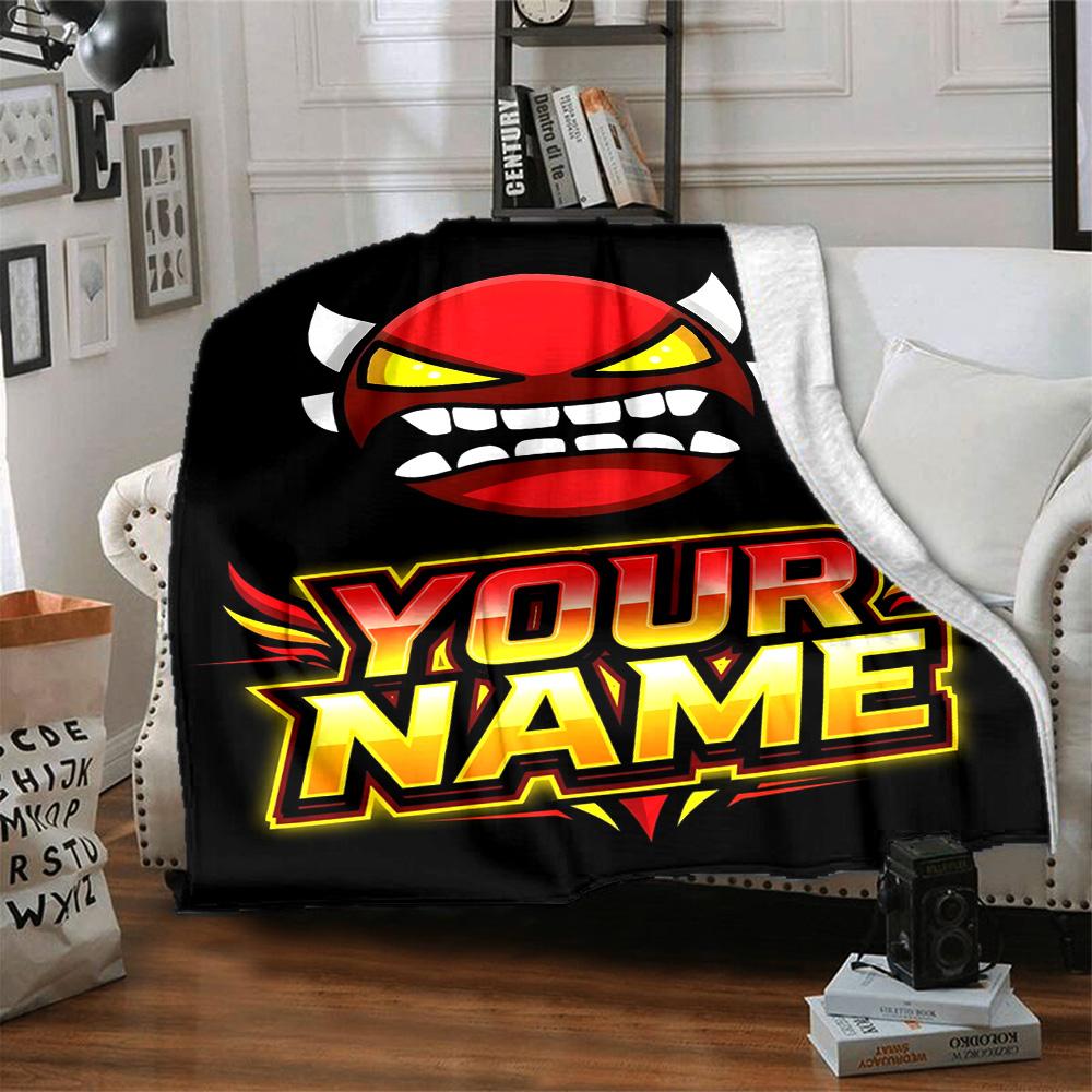 1pc Geometry Dash Blanket with Custom Name, Gift, for Men and Women, Soft Blanket, Good for Sofa Bed Couch Travel, Lightweight Flannel Blanket