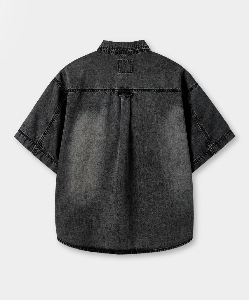 Dimiteulibeullaeg Fade-Washed Denim Trucker Half Shirt_Vintage Black