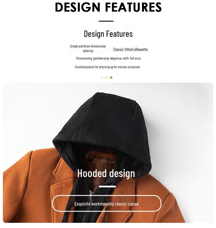 Korean-Style Men's Wool Blend Mid-Length Coat with Removable Hood