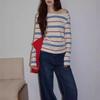 Off-white Striped Diagonal Collar Pullover Off-shoulder Sweatshirt for Women, Spring Elegance, Casual Slim Fit, Long-sleeve Top