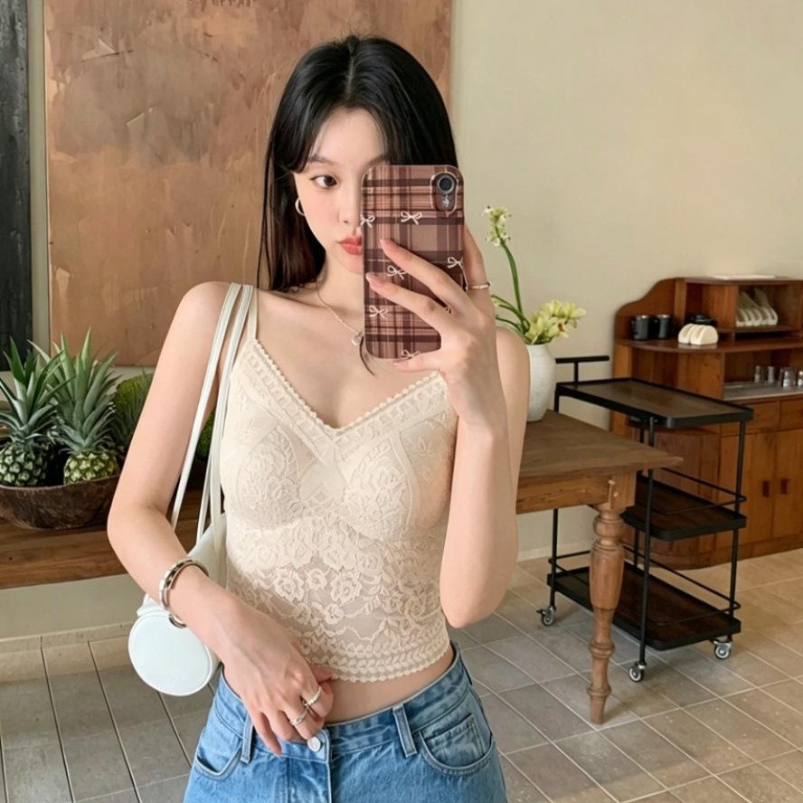 #Summer new Spice Girl style V-neck lace dispensing splicing ice silk vest female slim one-piece with chest pad