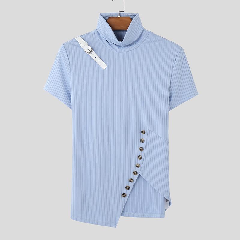 

INCERUN Men High Neeck Short Sleeve Shoulder Strap Patchwork Casual Irregular T-Shirts Tops 2XL