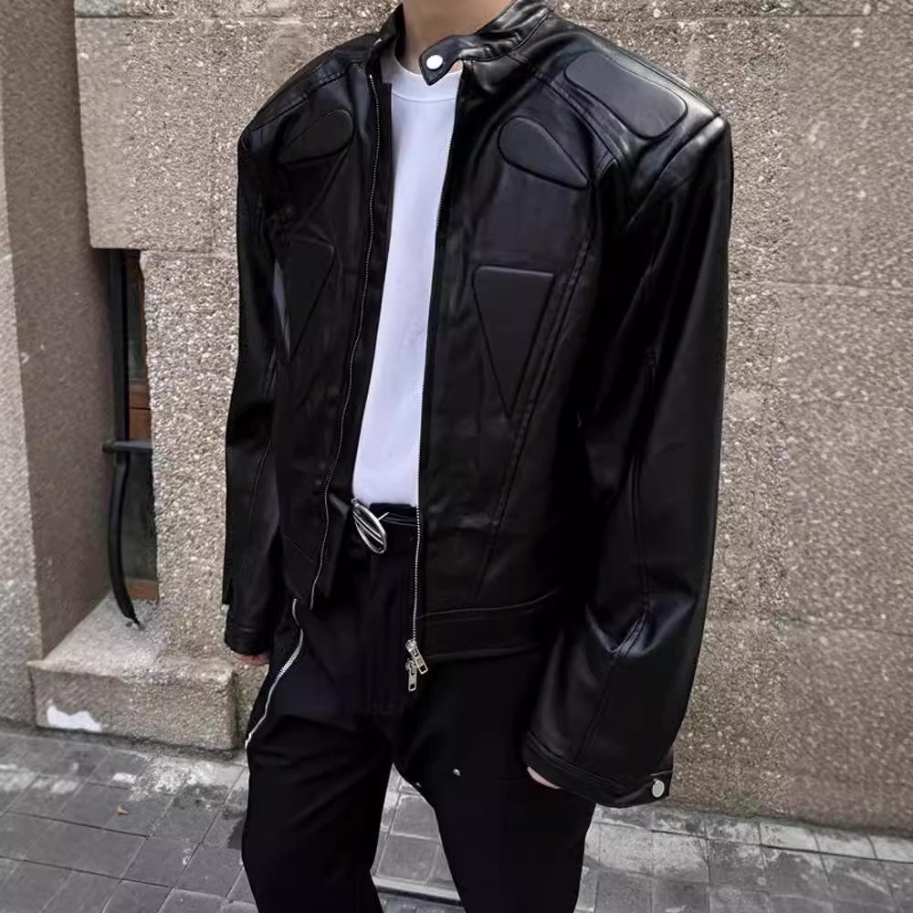 

Short Leather Jacket Men s Niche Design Shoulder Pad Cycling Motorcycle Jacket XXL