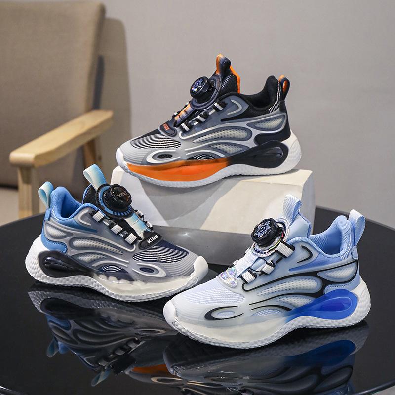 Children's sports shoes leather students autumn and winter new mesh shoes boys running shoes lightweight wear-resistant button casual shoes