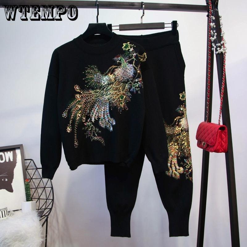 2pcs/set Women Phoenix Beaded  Tracksuit Casual Sports Suit O-neck Sweatershirt Pants Two-piece Set