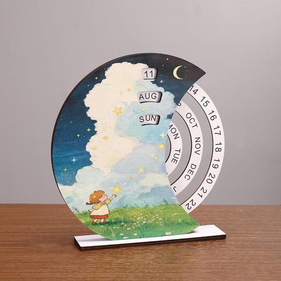 Wooden Perpetual Calendar with Rotating Blocks Desktop Office Decor Desk Organizer Cute Motivational Gift for Students Creative Home Office Accessory
