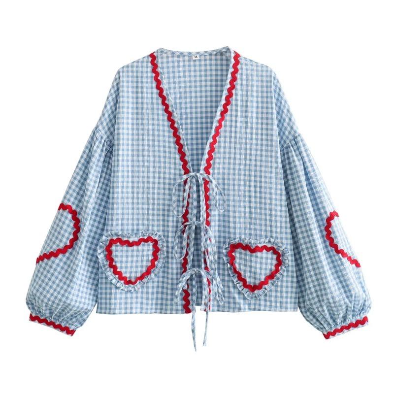 Vintage žena mřížkovaný tisk srdce patchwork šněrovací halenka dámská volná elegantní výstřih do V packet párty venkovní topy dívky jaro a léto