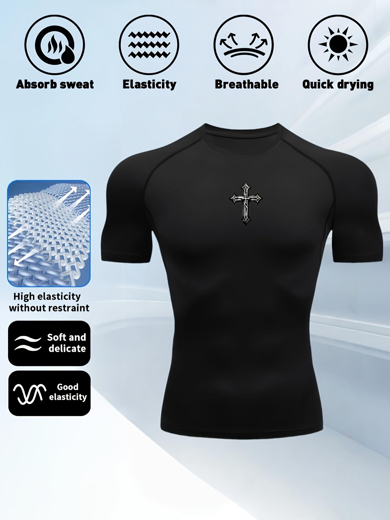 Men s Grey Cross Print Compression T-Shirt, Quick Dry Breathable Athletic Workout Top S чёрный