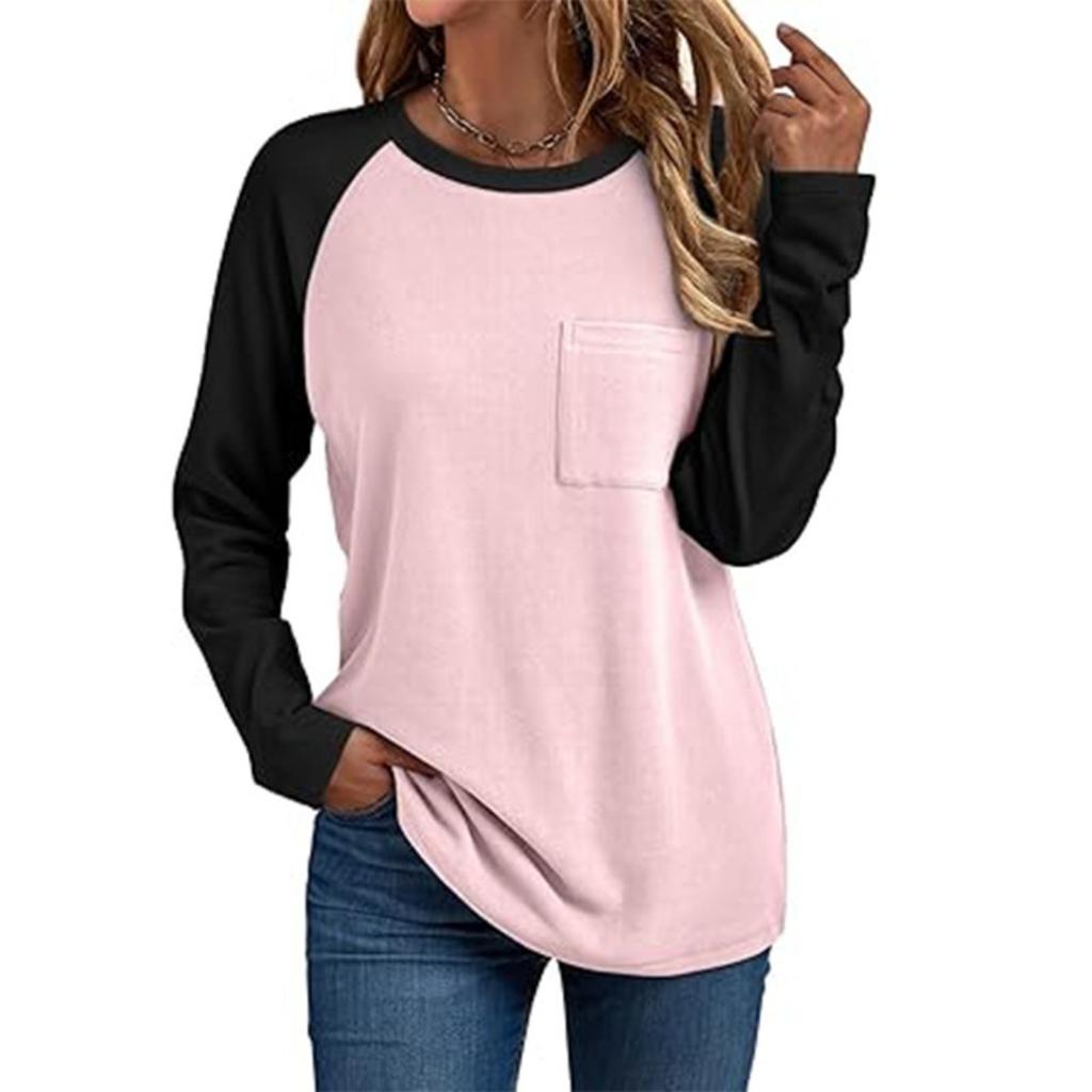 New Women's Casual Crew Neck Long Sleeve Patchwork T-Shirt with Pocket, Fashion European American Style Top for Crossborder