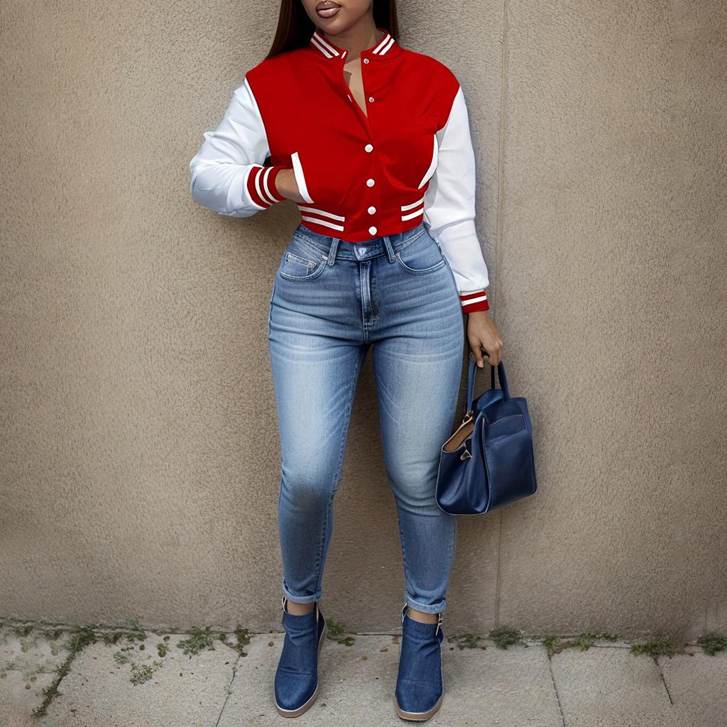 Damenmode, kurze, schlanke, einfarbige Spleißjacke, einreihig, Baseball-Kleidung, Sportmantel, Jacke, Sweatshirt