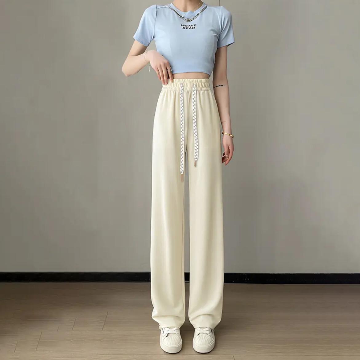 

Women s High-Waist Drawstring Wide-Leg Pants - Spring/Autumn 2026 Collection, Loose Drapey Straight Cut, Floor-Length. XL (for 115-140 lbs) брудно-білий