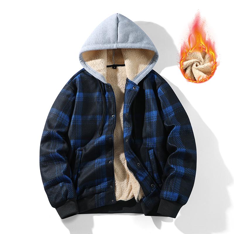 

Relaxed Fit European Size Hooded Fleece Thicken Checkered Sports Casual Outdoor Men s Jacket Coat XXL