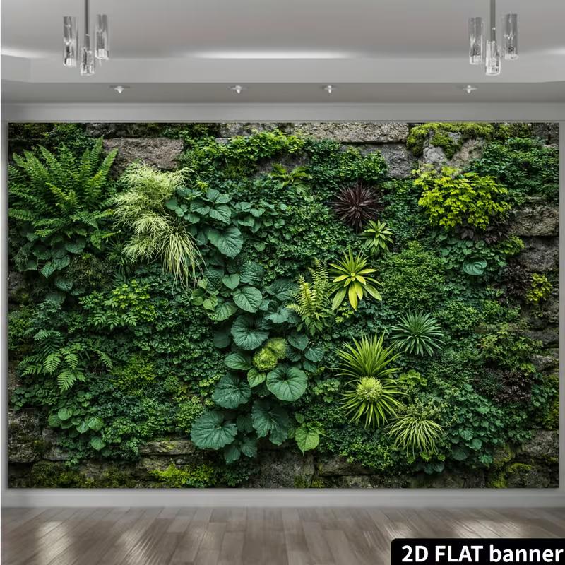 2D Lush Green Plant Banner, Moss Stone Wall Jungle Party Photo Booth Background