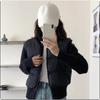Women Pink Short Puffer Jacket Knitted Sleeves Zip Up Winter Warm Coat Ribbed Hem