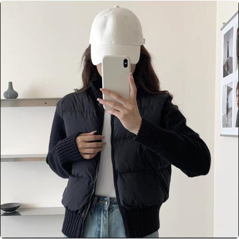 Women Pink Short Puffer Jacket Knitted Sleeves Zip Up Winter Warm Coat Ribbed Hem