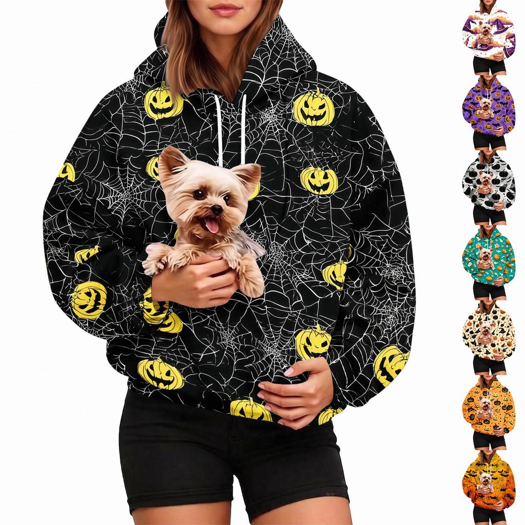 Dámská módní mikina s kapucí a potiskem na Halloween s kapsou na mazlíčka, ležérní mikina