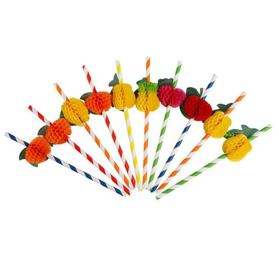 Honeycomb Fruit Paper Straws, Tropical Pineapple Orange Decor Straws for Summer Party, Disposable Drink Straws for Juice