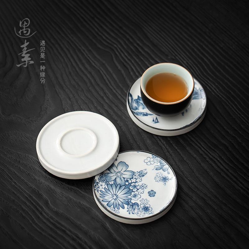 Ceramic Tea Set Coasters Heat-resistant Cup Holders Retro Underglaze Blue and White Porcelain Tea Ceremony Accessories