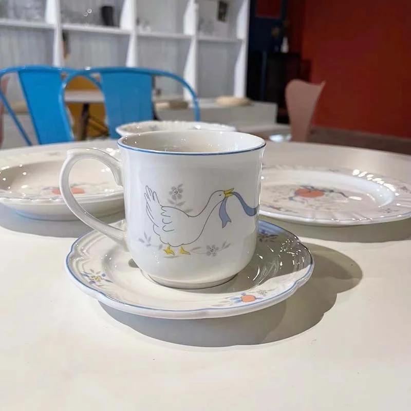 Swan Ceramic Coffee Cup & Saucer Set Korean Style Afternoon Tea Tableware Mug Dessert Plate Kitchen Mug Ceramic Cup Spoon-Free