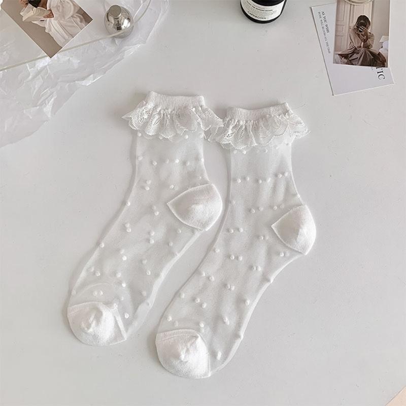 Damen Socken Japanische Lolitas Spitze Rüschen Verspielte Socken Niedliche Prinzessin Knöchelsocken Kristallglas Seide Transparent Socke