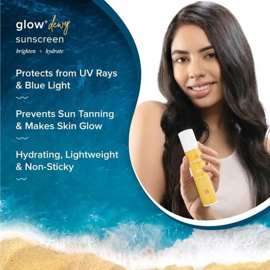 Aqualogica Glow+ Dewy Sunscreen SPF 50 PA++++ | UVA/B & Blue Light Protection for Men & Women | Oily, Dry, Sensitive | 50g | Pack of 3