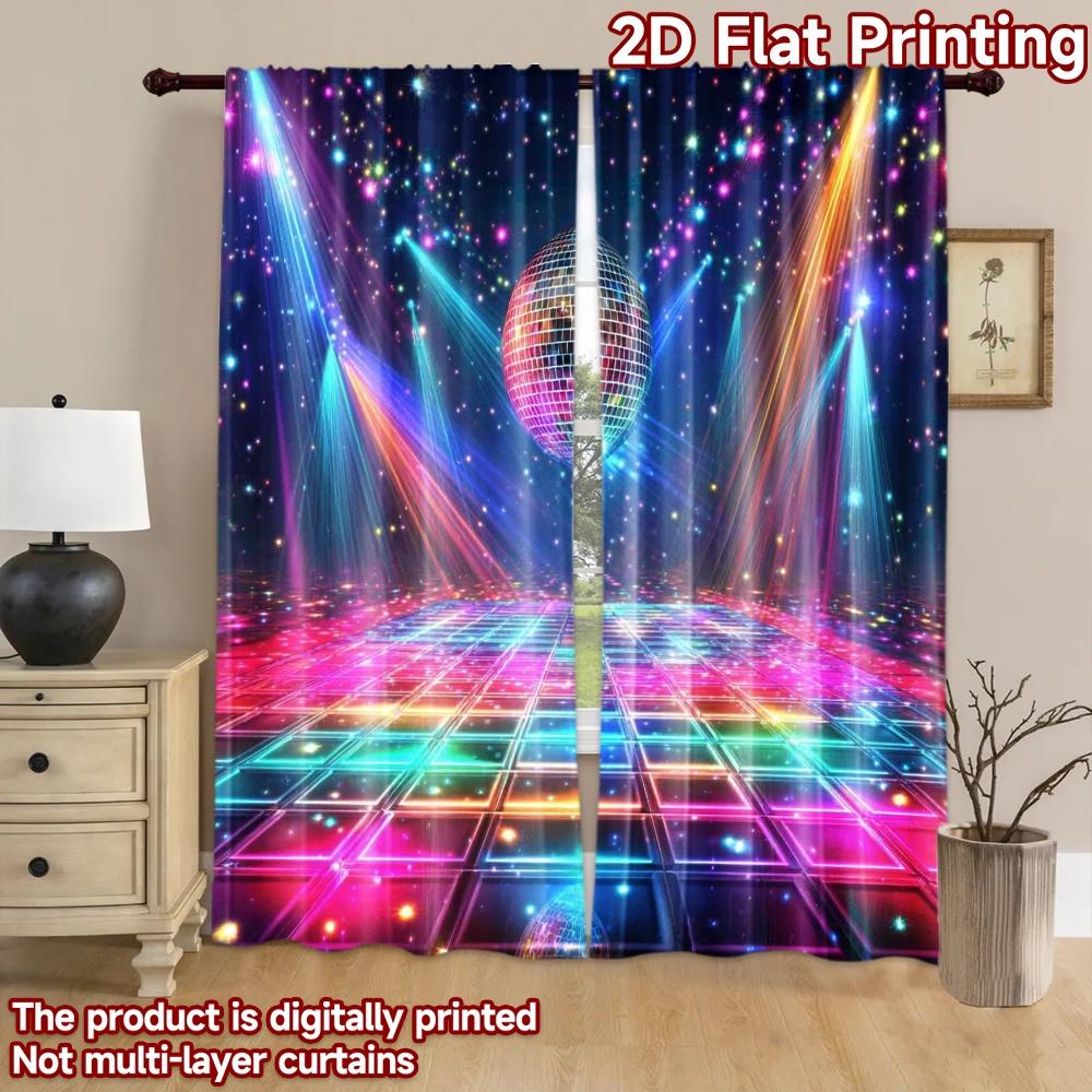 2D Flat Printing 2pcs Party Window Curtains Disco Ball Dance Floor Digital Printed Polyester Drapes Festive Holiday for Photo