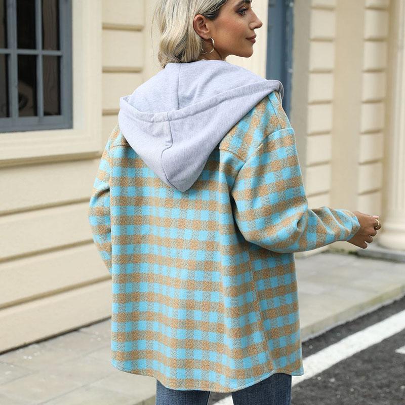 Women Autumn Winter Long Sleeve Hooded Plaid Warm Woolen Coat Cardigan