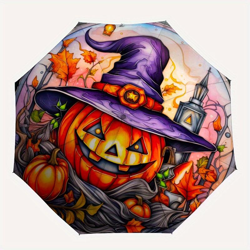 Halloween Pumpkin with Witch Hat Stained WindowUmbrella, Portable 3-Fold Compact Umbrella,Christmas Gift ES458