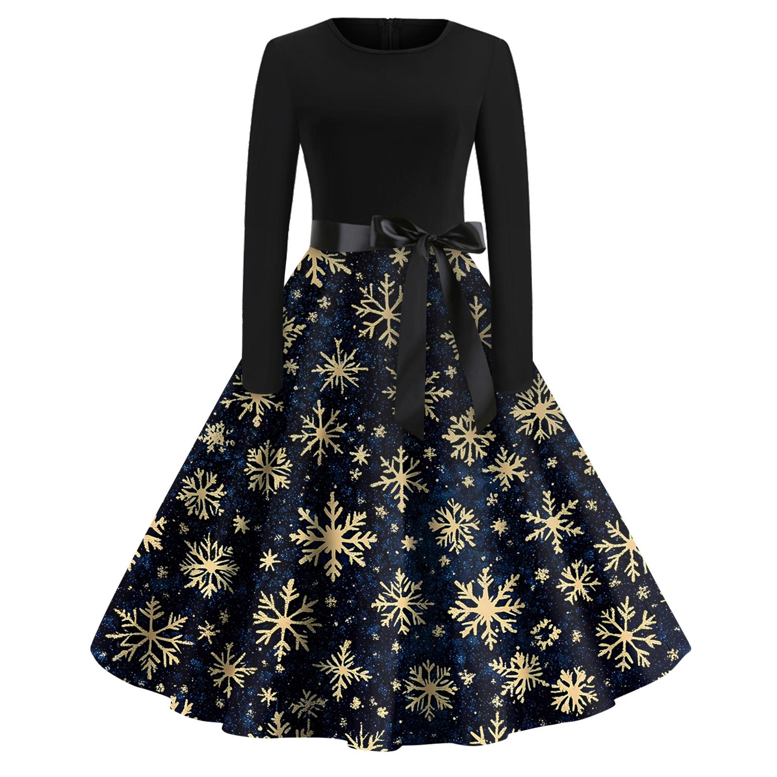 

Christmas Print Flare Dress For Women Long Sleeve Dress Hollow Party Casual Dresses S чёрный