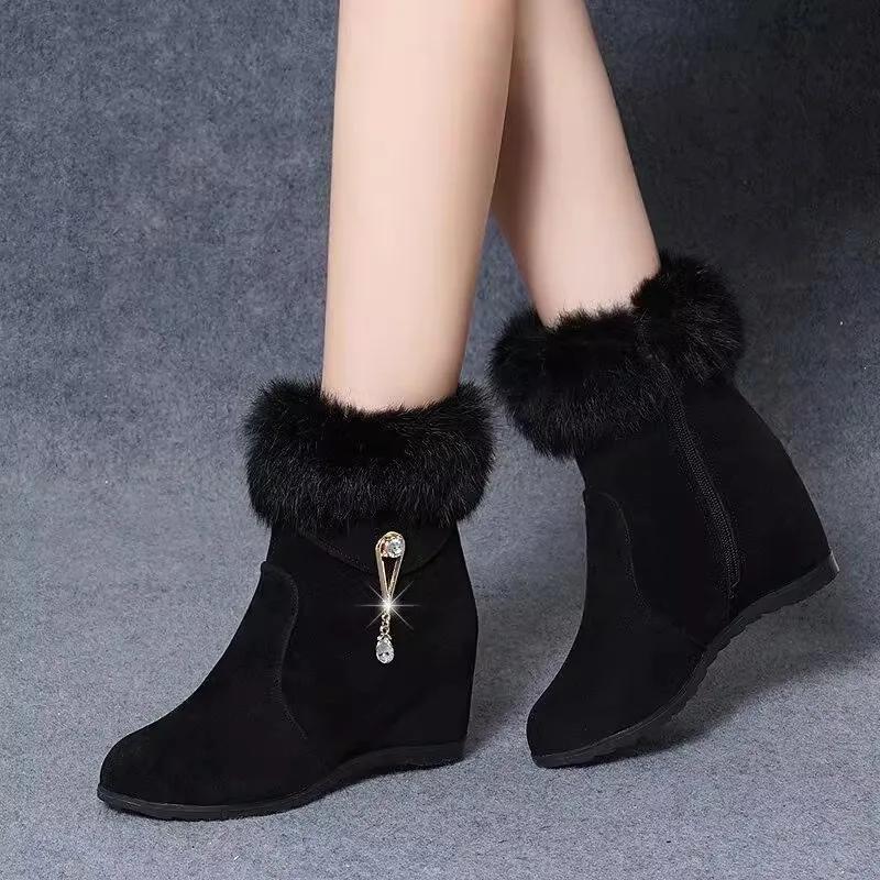 Fashion Women's Wedges Ankle Boots Internal Height Increasing Casual Boots Luxury Rhinestone Zip Boots for Women Plush Warm Winter Botas