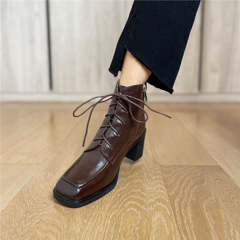 Quiet Sole Soft Leather Ankle Boots Women's Autumn Winter Thick Heel High Heel Lace-up Ankle Square Head High Heel Short Boots