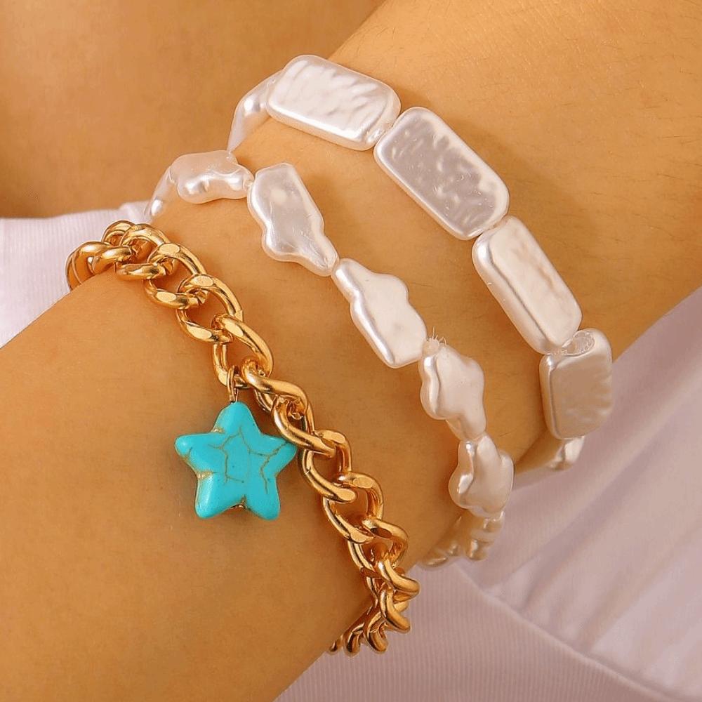 Beads Turquoise Bracelet Set Pearl Bohemian Style Hand Chain  Holiday