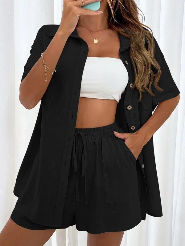 Women's Solid Color Short Sleeve Casual Shirt & Shorts Set - Loose & Stylish Two-Piece