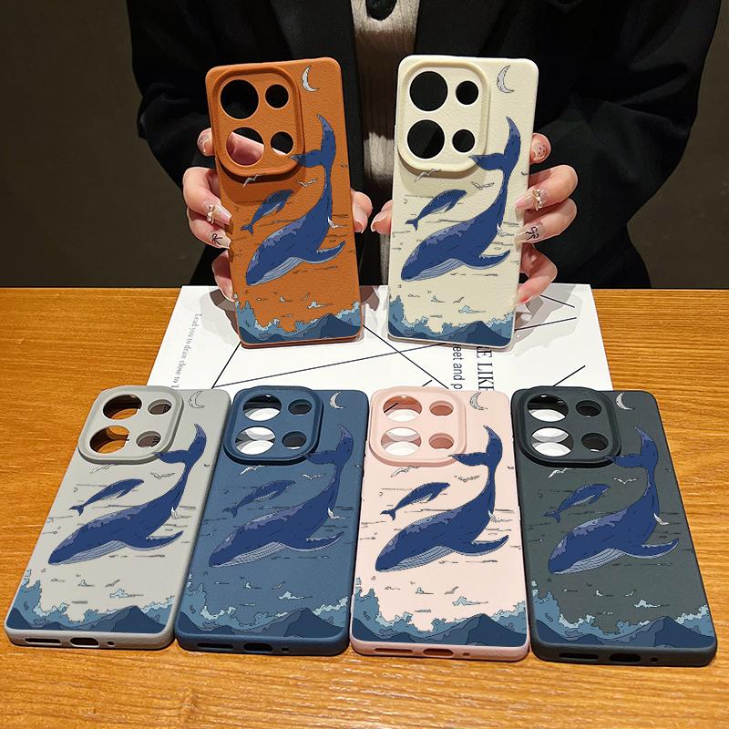 For Xiaomi 13T Pro Poco X7 X6 Redmi Note 14 13 12 11 Case Shell Whale Pattern TPU Leather Texture Matte Soft Shockproof Lens Protection Phone Cover