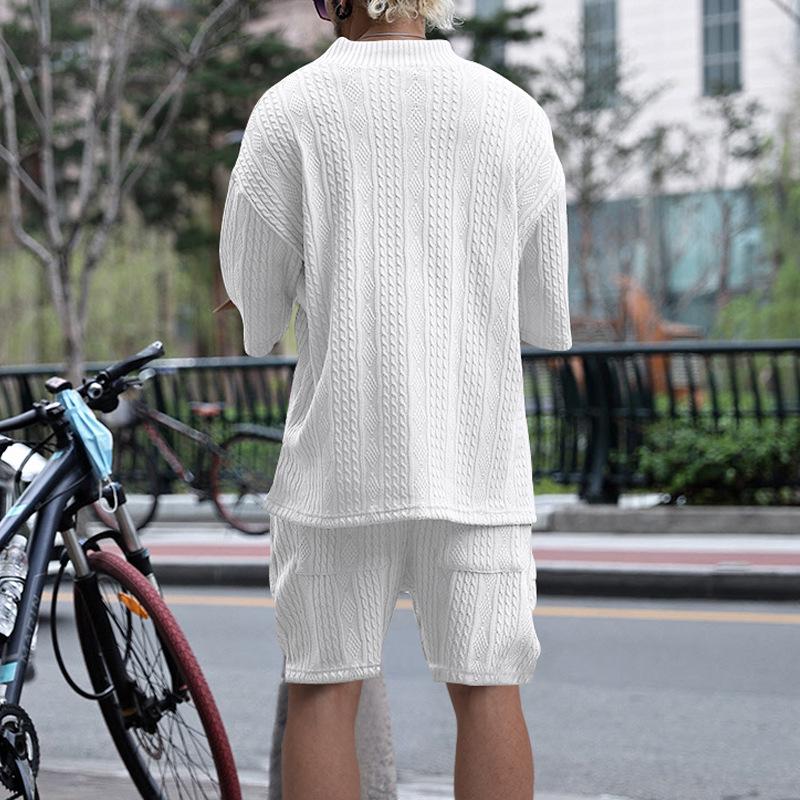 Men's Summer V-neck Jacquard Casual Suit - Short Sleeve & Shorts Two-piece Set