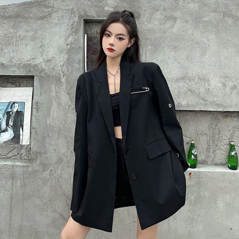 Cappotto Premium Nero Oversize dal Design Unico per Donna, Blazer Top Chic Street Fashion Taglia Piccola con Sensazione di Alta Gamma