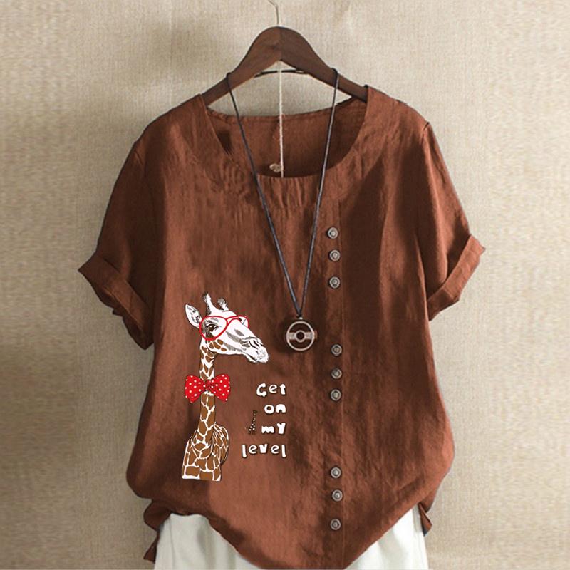 

Женская мода, летняя футболка с круглым вырезом и коротким рукавом, повседневная хлопково-льняная рубашка с рисунком, свободная блузка для отдыха с принтом жирафа, топы больших размеров XXXXXL коричневый