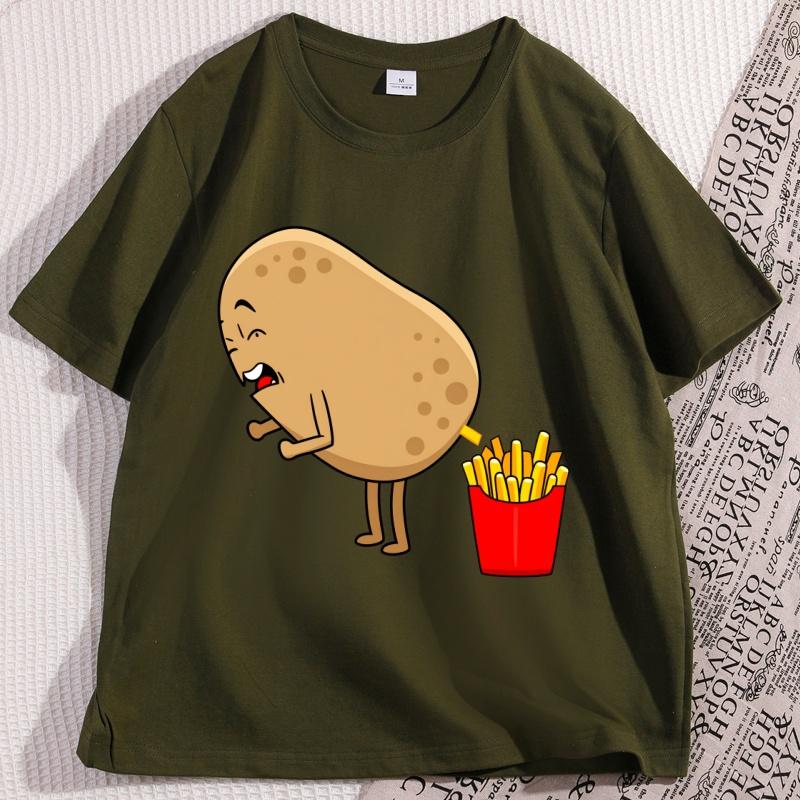 Funny Potato Fries Cartoon T Shirt Kawaii Food Humor Tshirt for Men Women Casual Loose Printed Tshirt Short Sleeve Clothes
