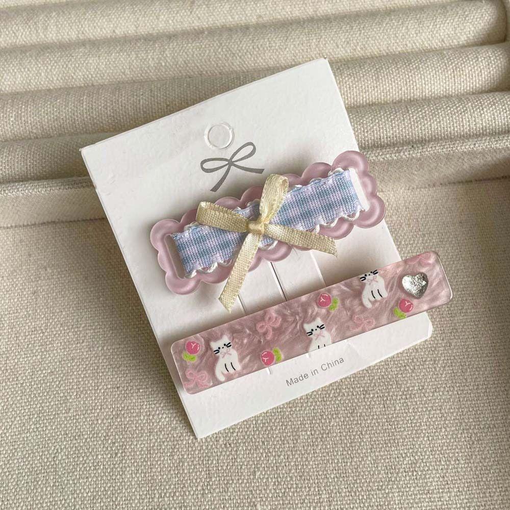 2Pcs/set Barrettes Cartoon Cat Hairpin Korean Style Korean Hair Clip Bow Plaid Hair Clip  Holiday