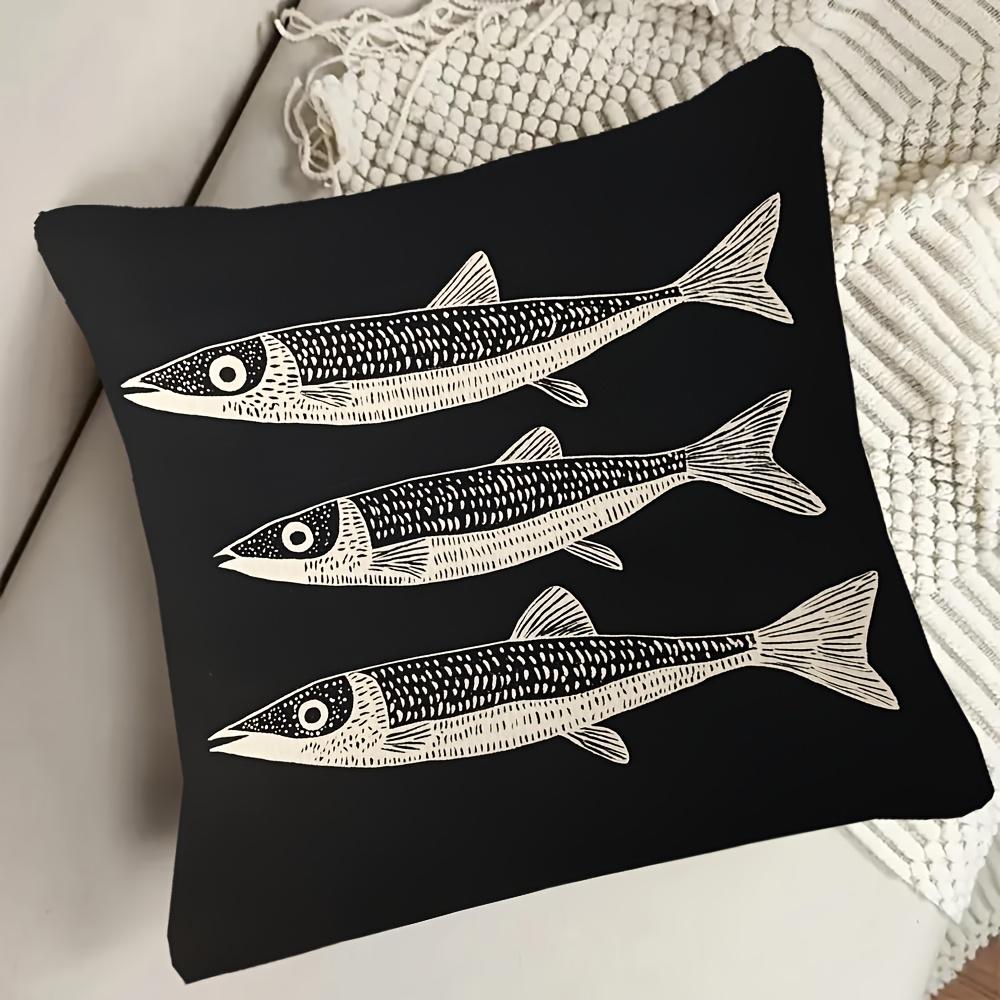 Vintage Fish Pattern Pillow Cover, White Tuna Design On Black Background Cushion Case For Living Room Bedroom Home Decor Gift