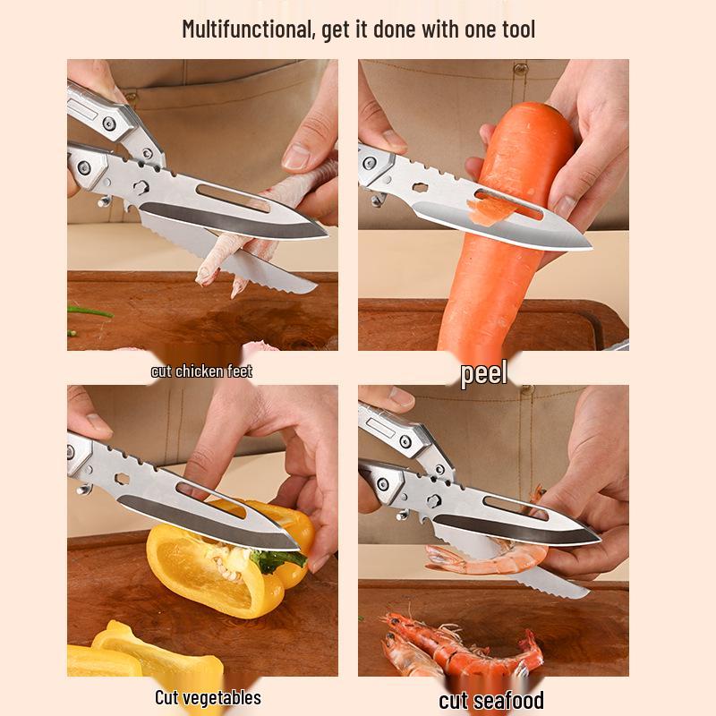 Multifunctional Kitchen Shears: Sharp Chicken Bone Scissors, Convertible Fruit Knife, and Auto-Rebound Scissors.