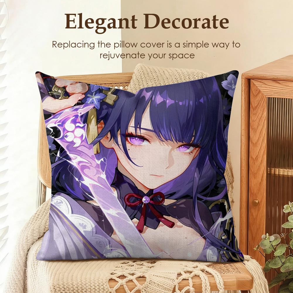 Raiden Shogun Genshin Impact Cushion Cover Natural Linen Organic Fabric DoubleSided Printing Sofa Home Decor Gift Pillow Case
